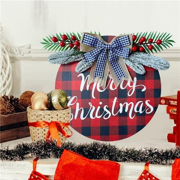 Merry Christmas Wreaths for Front Door Hanging Sign Buffalo Plaid Christmas - Picture 6 of 6